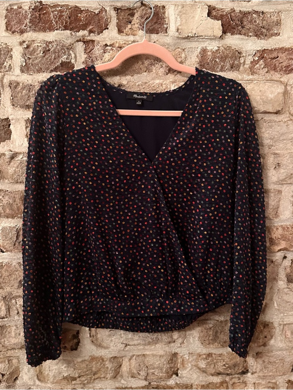 Madewell Black Wrap Blouse with Red and Yellow Dot Print